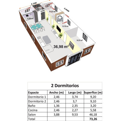 Casa Plegable Expandible de 75 m² con 2 a 4 Dormitorios Roble