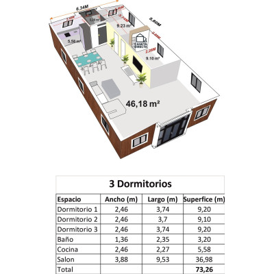 Casa Plegable Expandible de 75 m² con 2 a 4 Dormitorios Roble