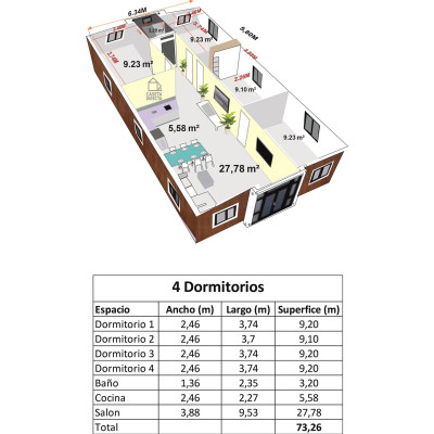 Casa Plegable Expandible de 75 m² con 2 a 4 Dormitorios Roble